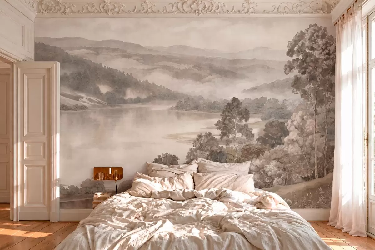 Wall Mural Photo Wallpaper Calm lake among misty hills and forests w05928