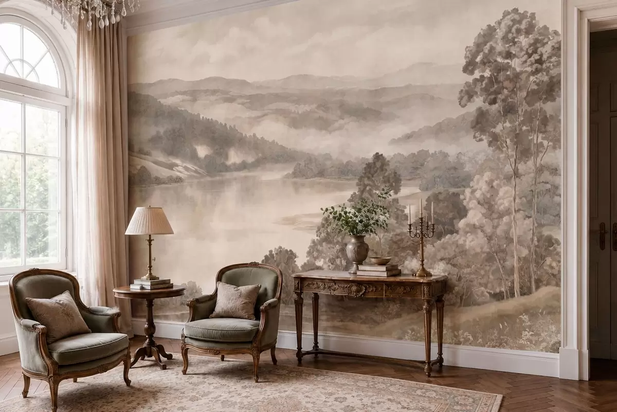 Wall Mural Photo Wallpaper Calm lake among misty hills and forests w05928