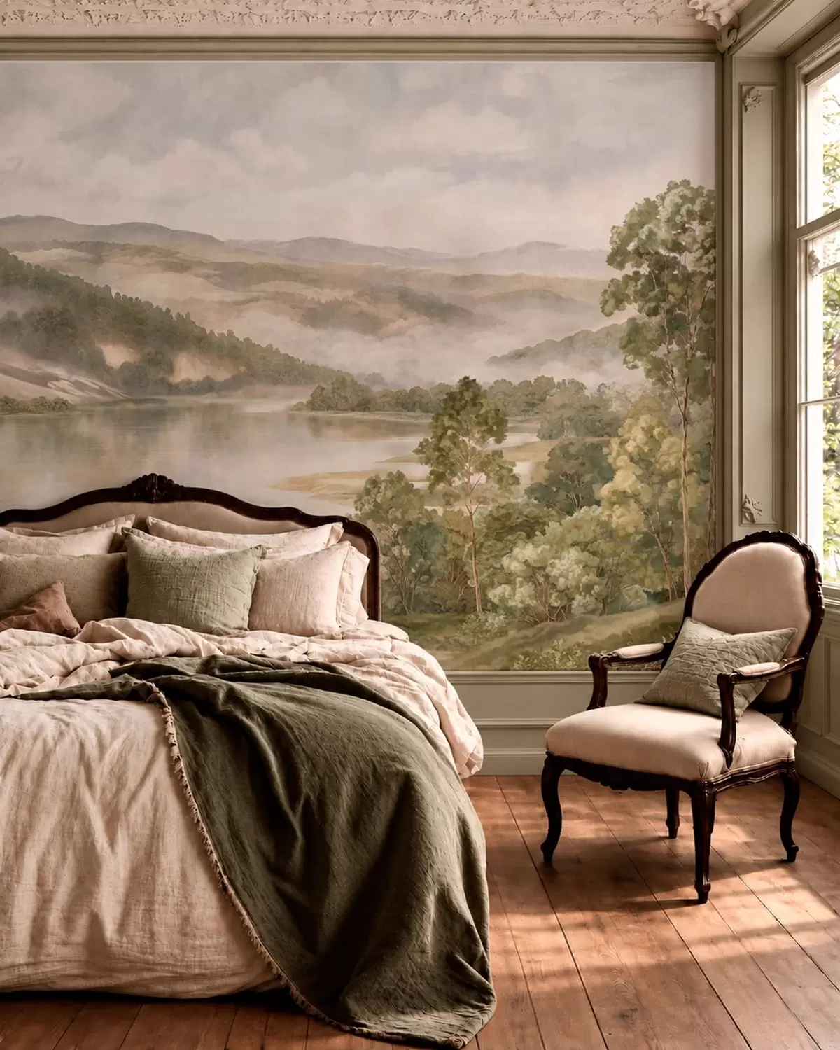 peintures murales Paysage de montagne brumeux avec un lac et des arbres w05928v2