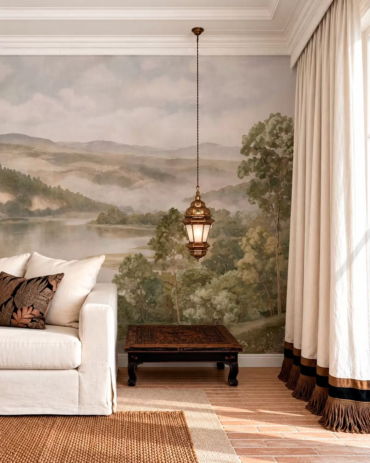 peintures murales Paysage de montagne brumeux avec un lac et des arbres w05928v2