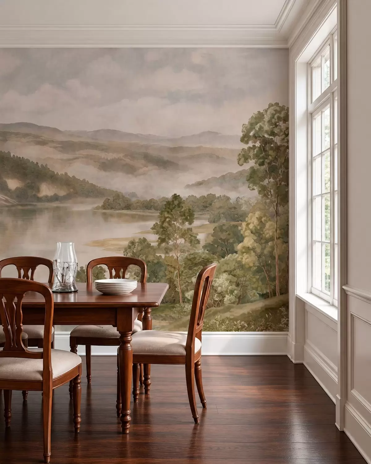 peintures murales Paysage de montagne brumeux avec un lac et des arbres w05928v2