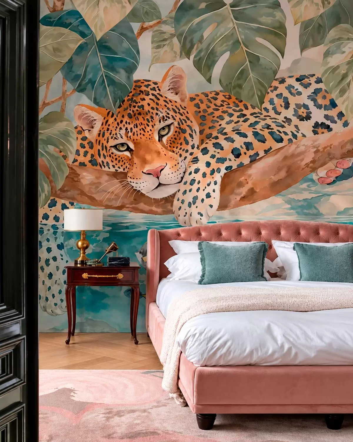 wall murals Leopard on a branch above water with colorful fish w05954