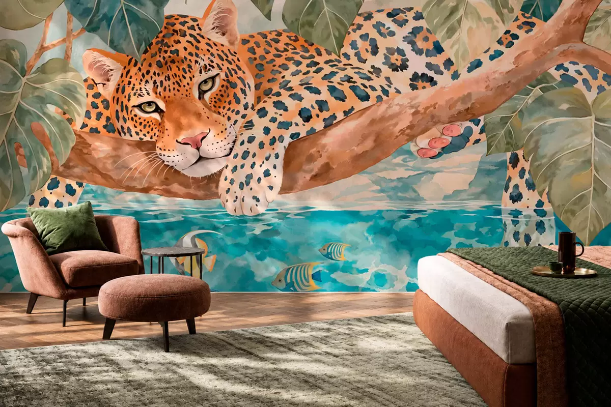 wall murals Leopard on a branch above water with colorful fish w05954