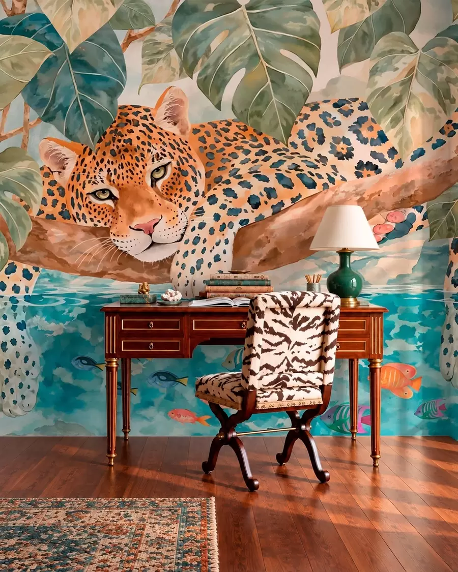 wall murals Leopard over Blue Water w05954