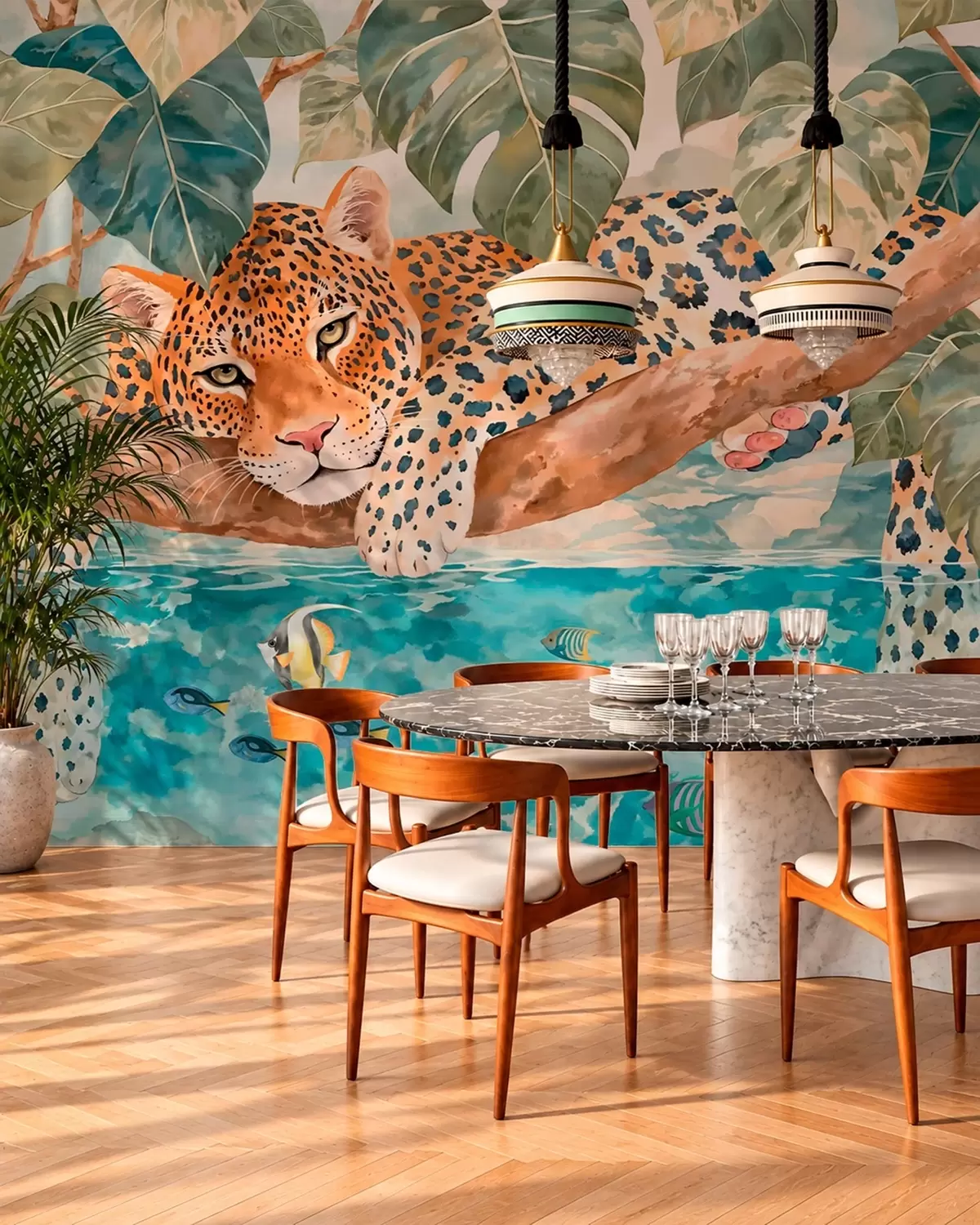 wall murals Leopard on a branch above water with colorful fish w05954