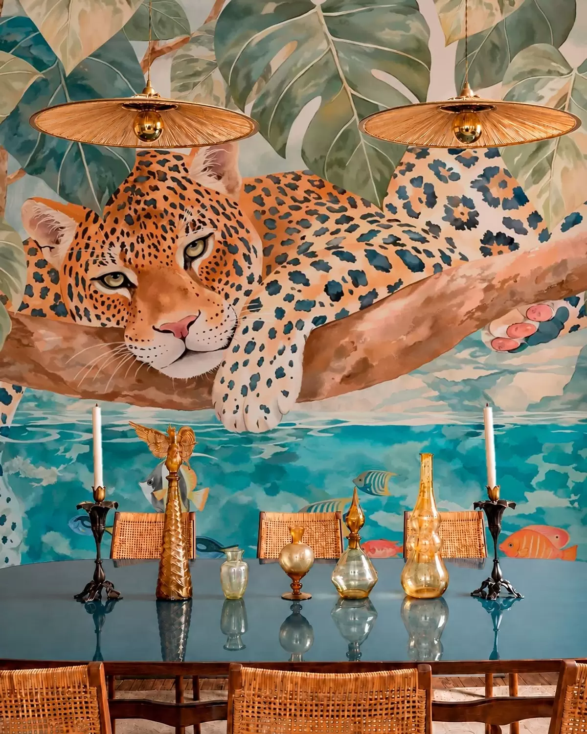 wall murals Leopard on a branch above water with colorful fish w05954