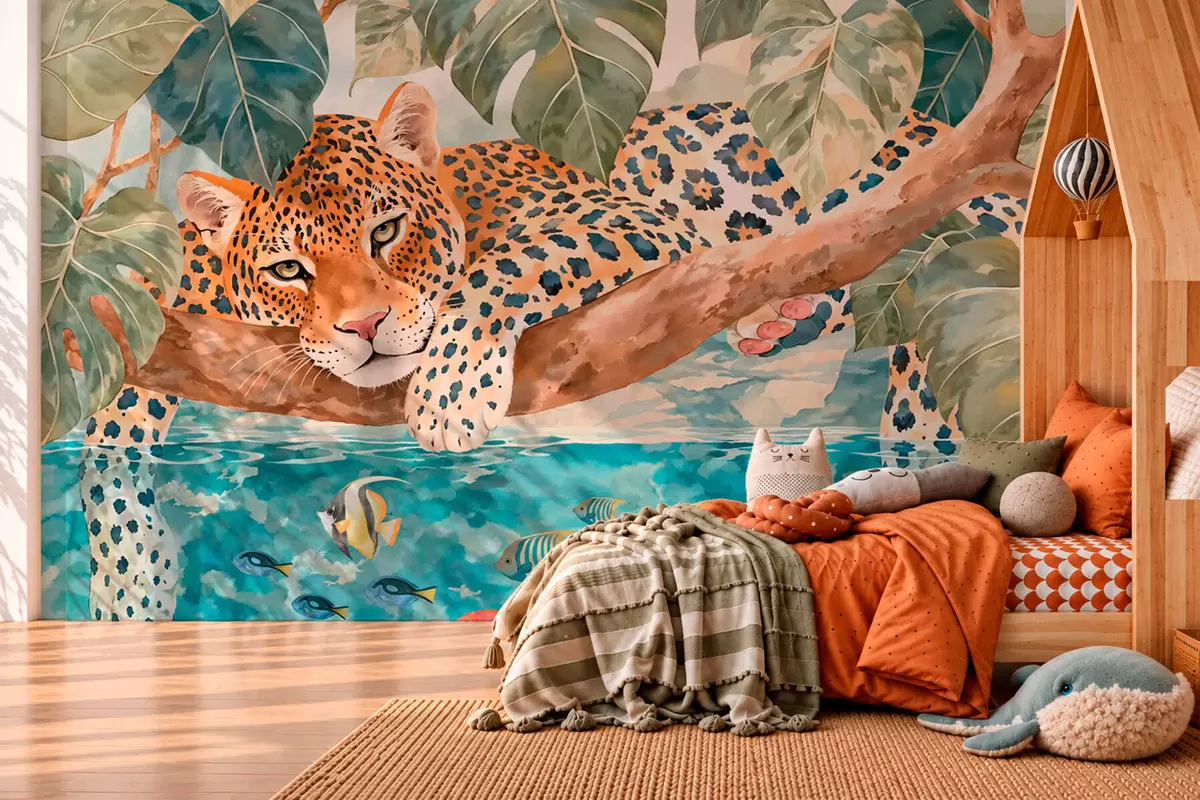 wall murals Leopard on a branch above water with colorful fish w05954