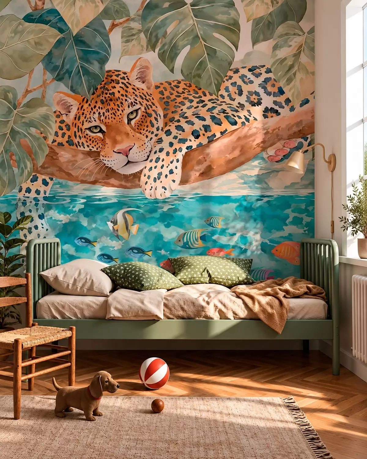 wall murals Leopard on a branch above water with colorful fish w05954