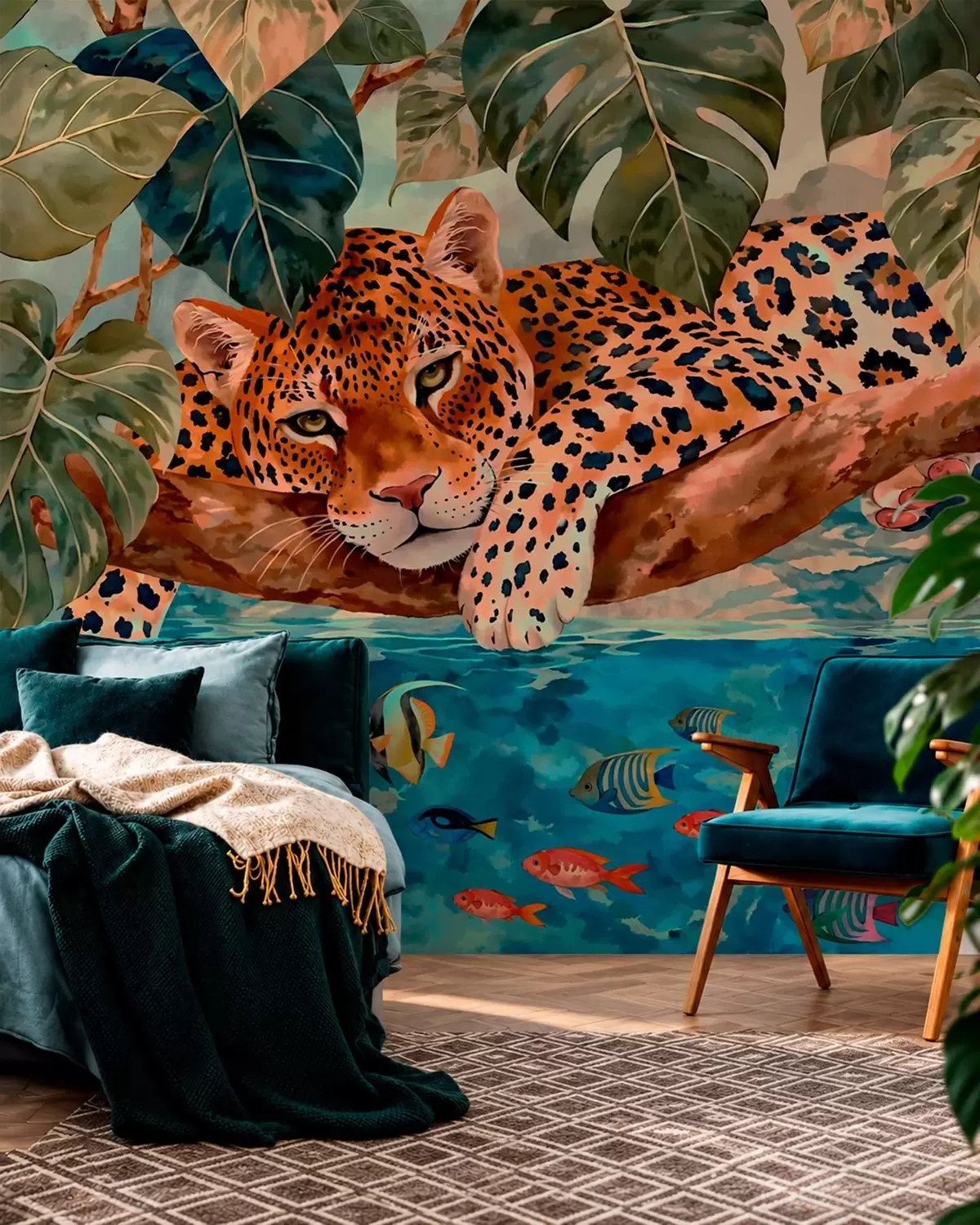 peintures murales Un léopard parmi les feuilles tropicales au-dessus de l'eau, avec des poissons w05954v1
