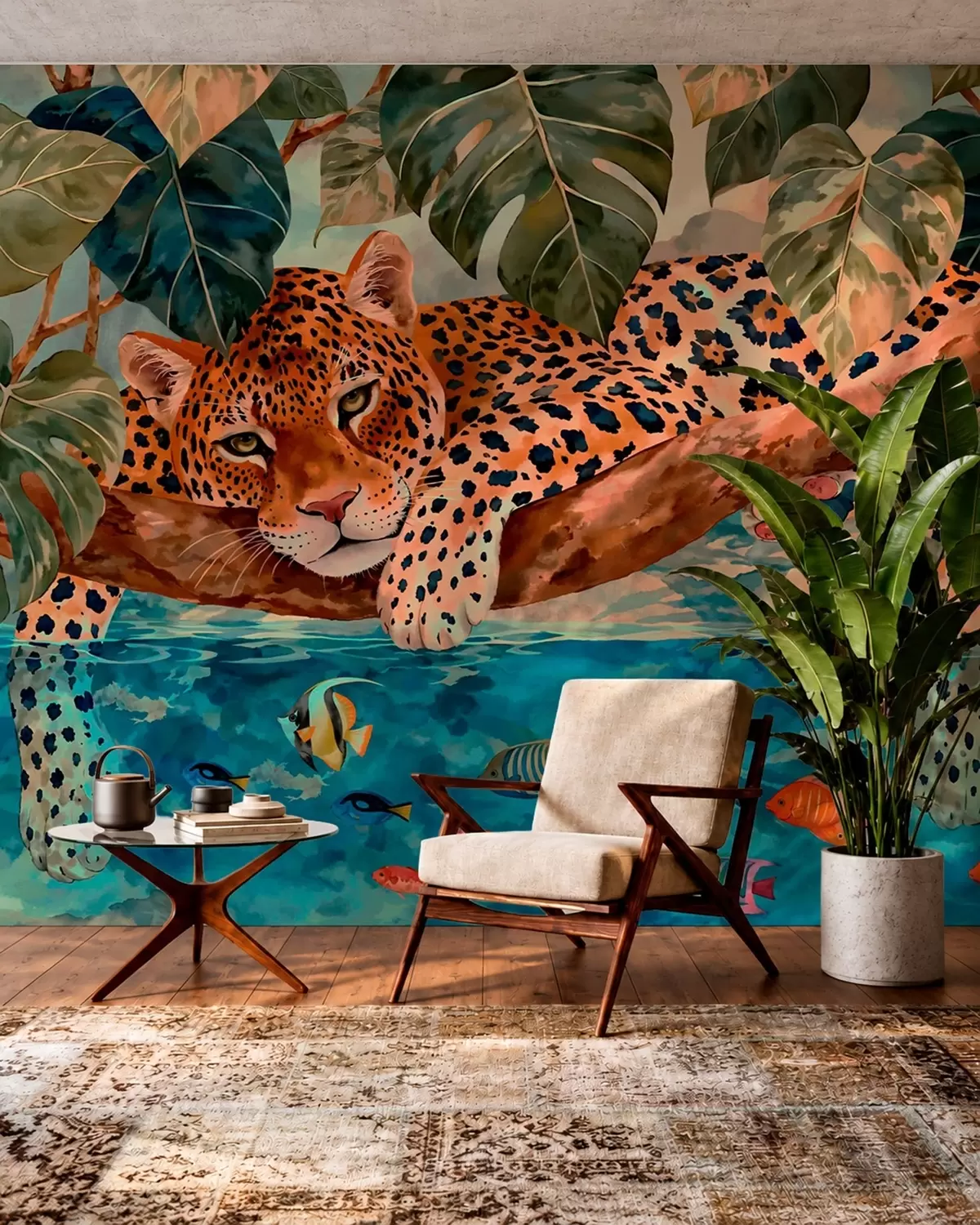 peintures murales Un léopard parmi les feuilles tropicales au-dessus de l'eau, avec des poissons w05954v1