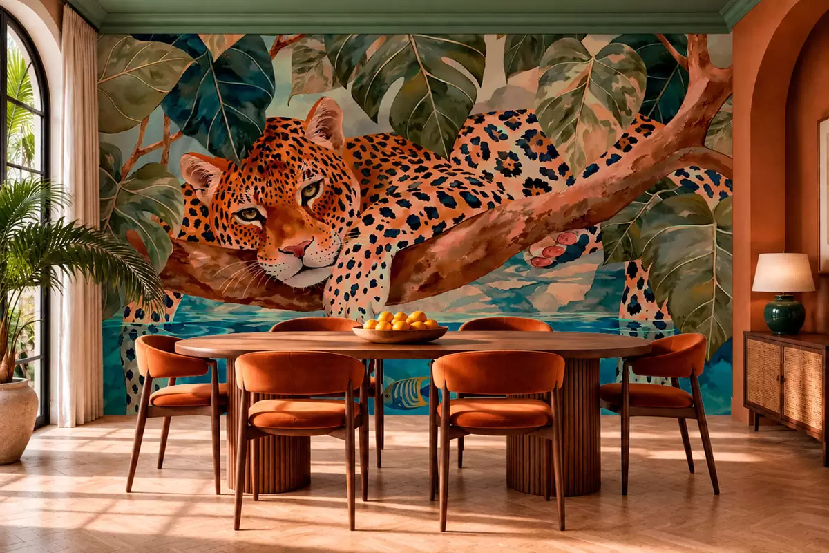 peintures murales Un léopard parmi les feuilles tropicales au-dessus de l'eau, avec des poissons w05954v1