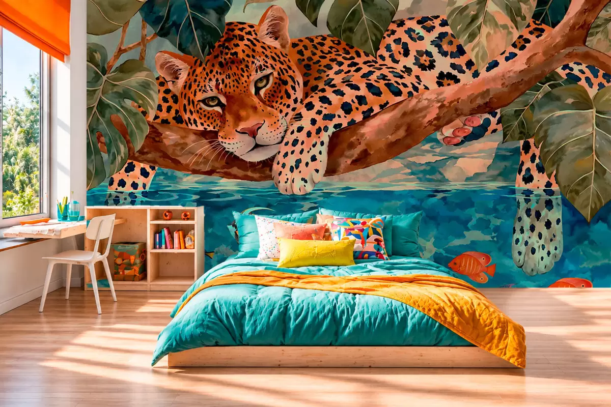 peintures murales Un léopard parmi les feuilles tropicales au-dessus de l'eau, avec des poissons w05954v1