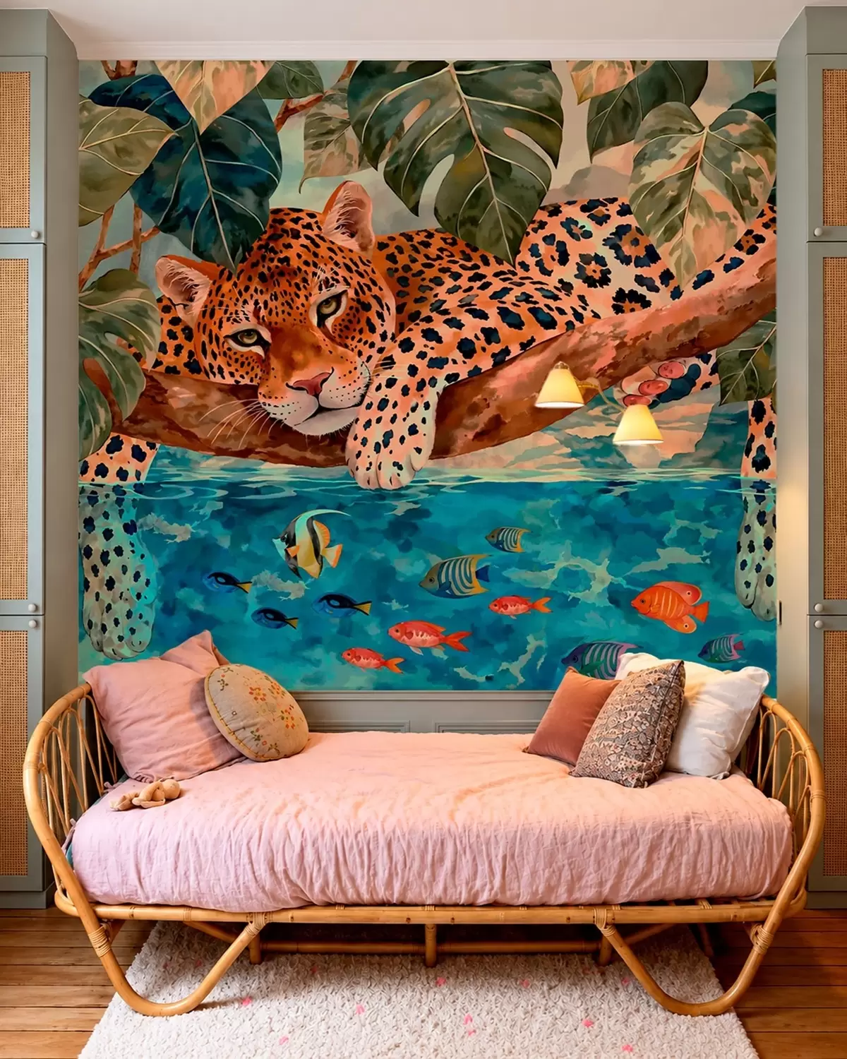 peintures murales Un léopard parmi les feuilles tropicales au-dessus de l'eau, avec des poissons w05954v1