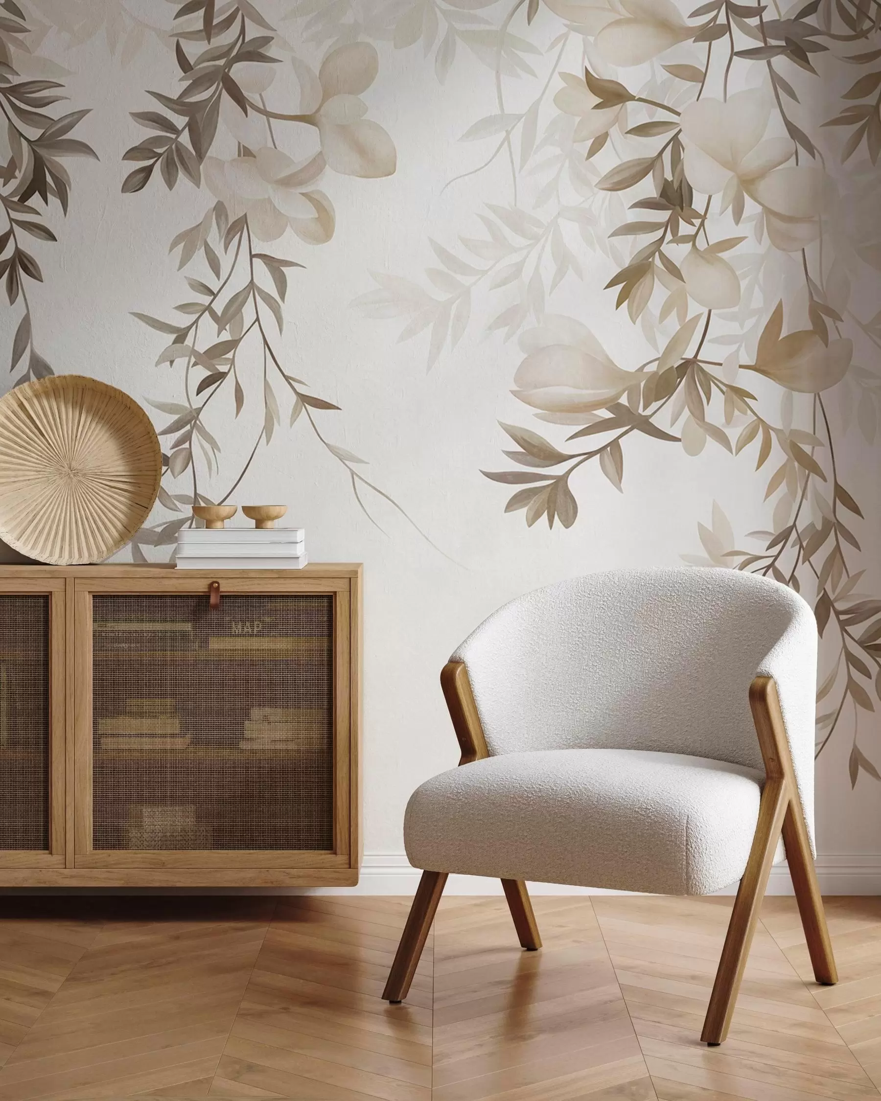 Wall Mural Photo Wallpaper Hanging willow branches and soft blooming flowers in muted beige tones w10081