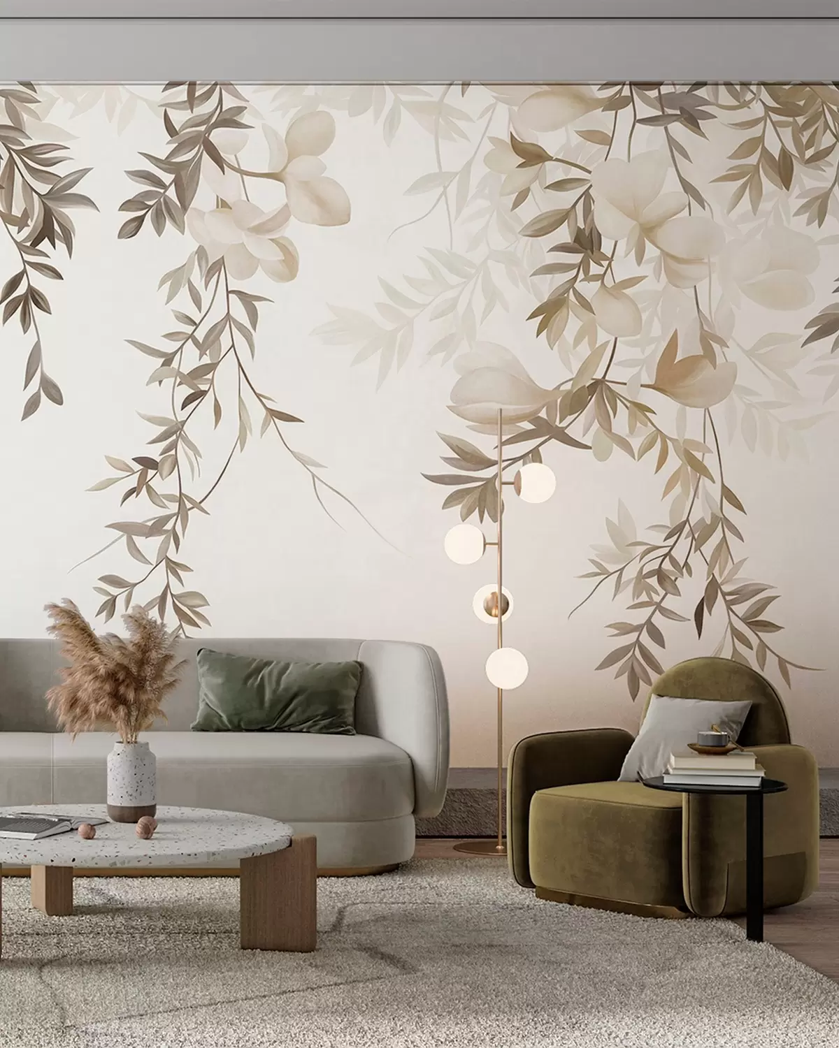 murales Ramas de sauce colgantes y delicadas flores en tonos beige apagados w10081