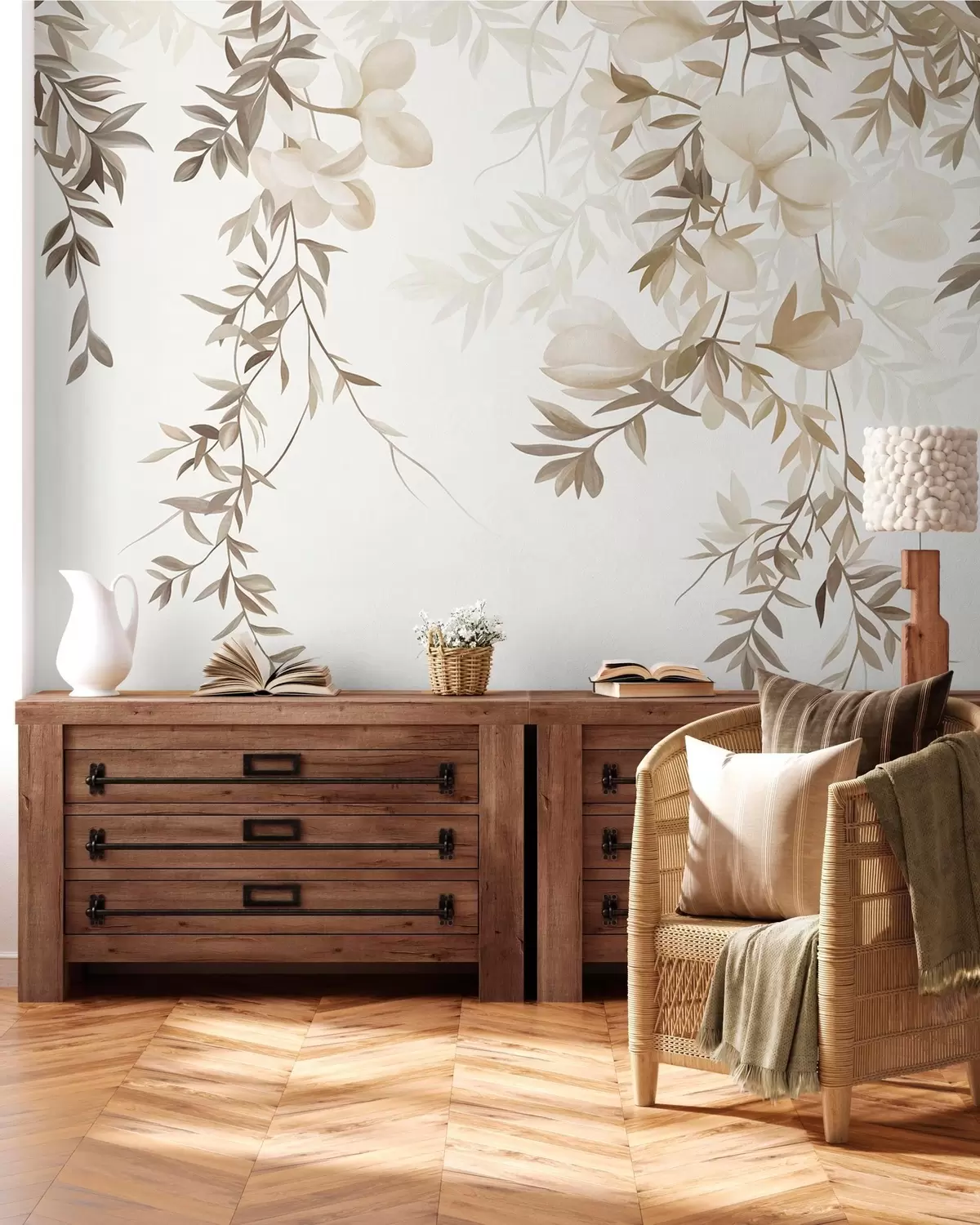 murales Ramas de sauce colgantes y delicadas flores en tonos beige apagados w10081