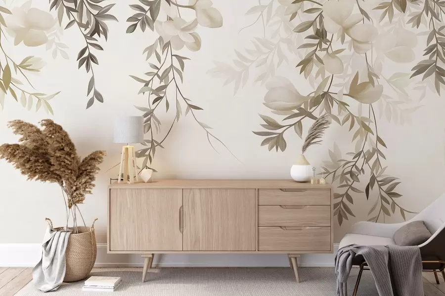 Wall Mural Photo Wallpaper Hanging willow branches and soft blooming flowers in muted beige tones w10081