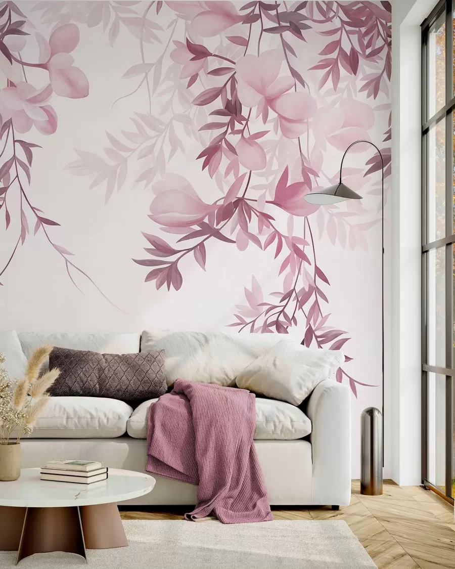 wall murals Hanging willow branches and soft blooming flowers in muted pink tones w10081v1