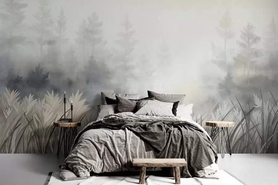 Wall Mural Photo Wallpaper Landscape with tall wild grass and pine tree forest, minimalistic textured style w10082