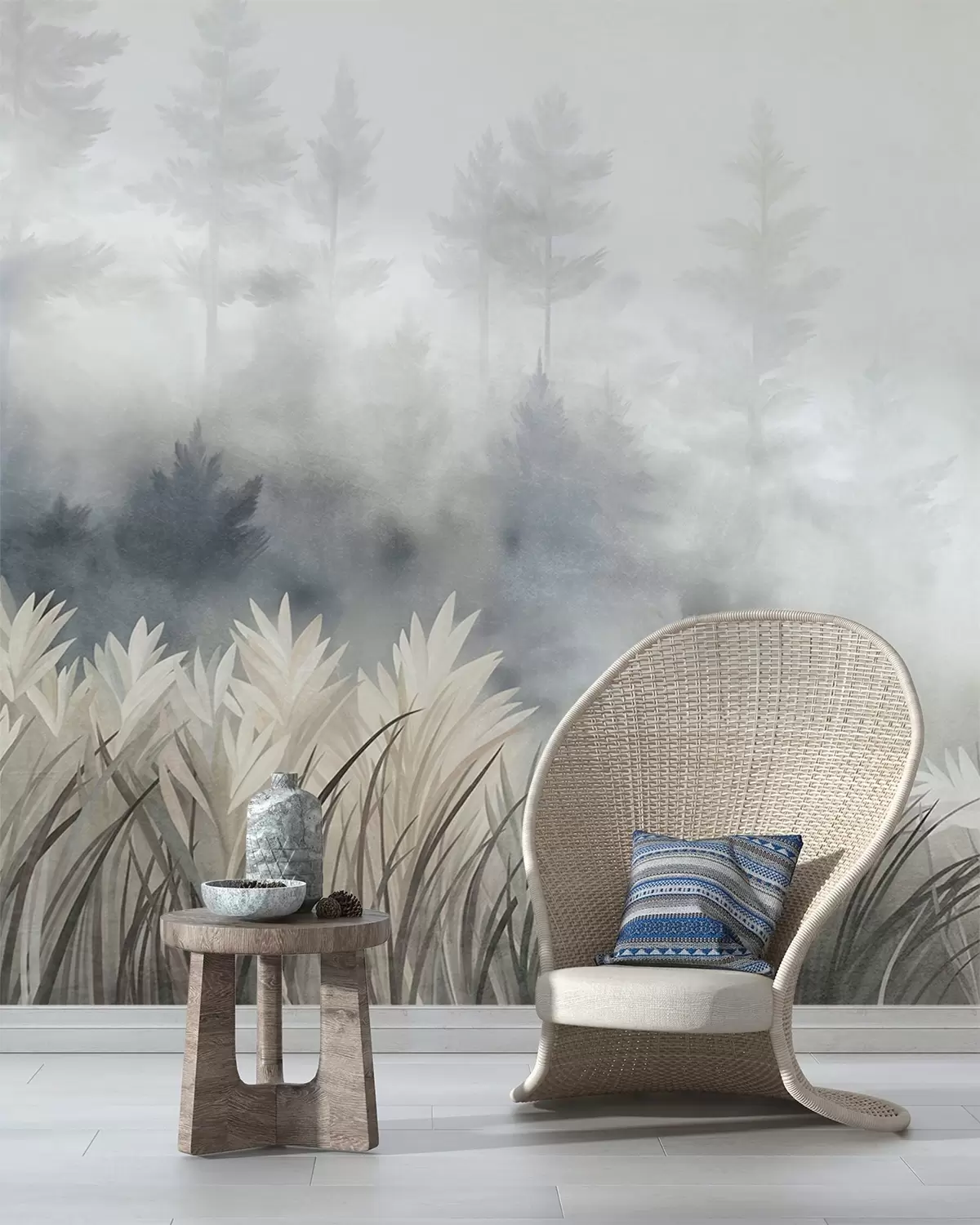 wall murals Landscape with tall wild grass and pine tree forest, minimalistic textured style w10082
