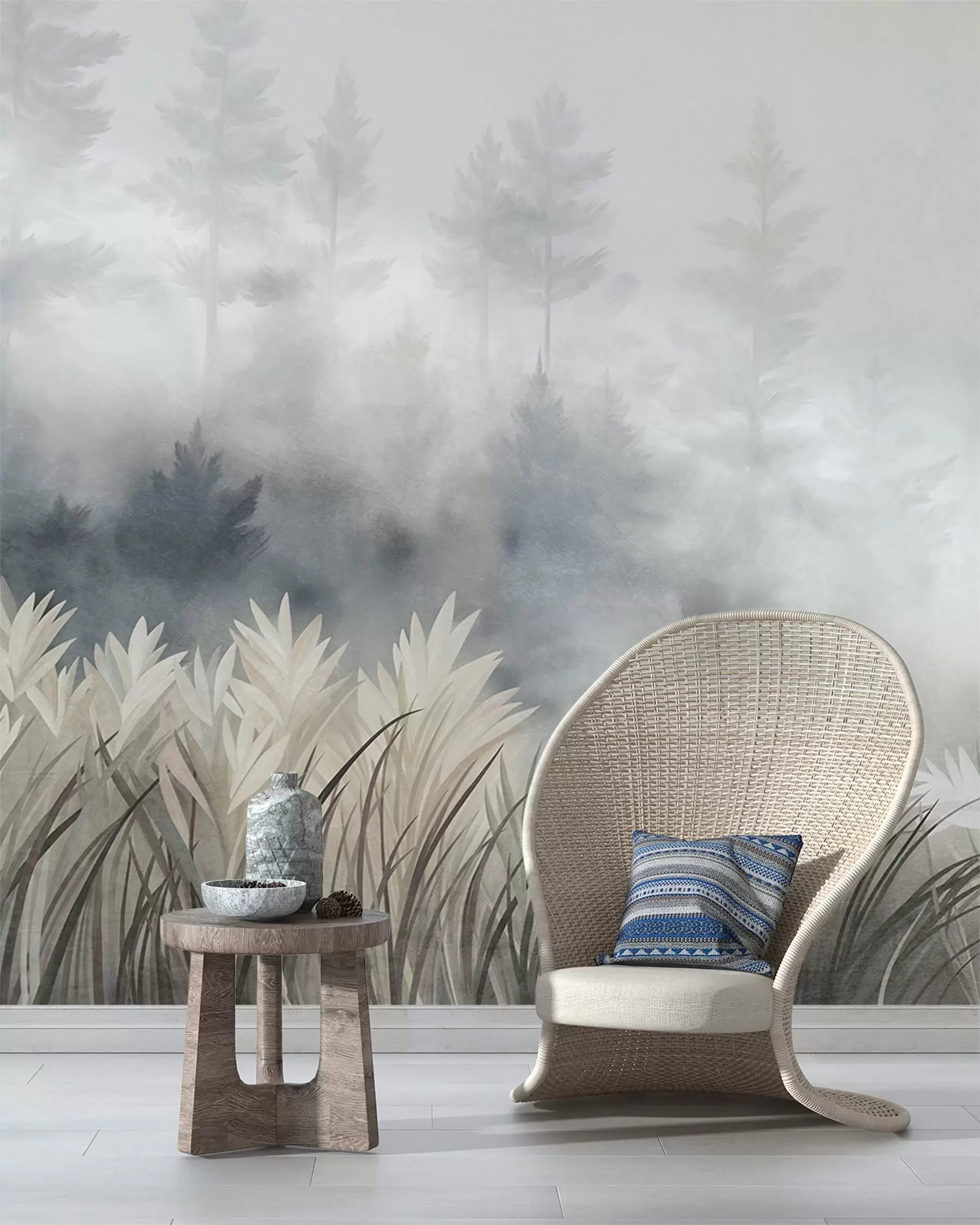 Wall Mural Photo Wallpaper Landscape with tall wild grass and pine tree forest, minimalistic textured style w10082