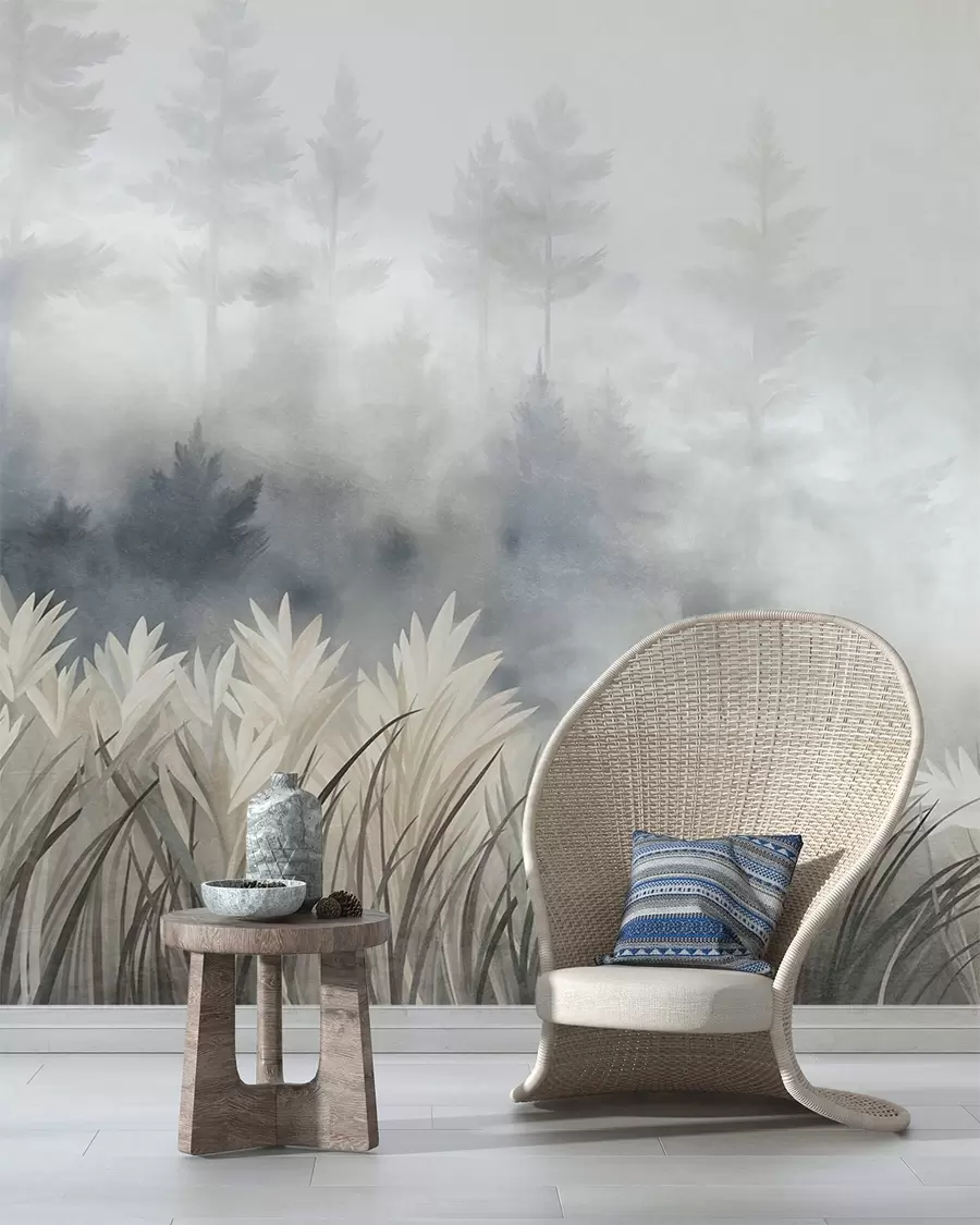 Wall Mural Photo Wallpaper Landscape with tall wild grass and pine tree forest, minimalistic textured style w10082