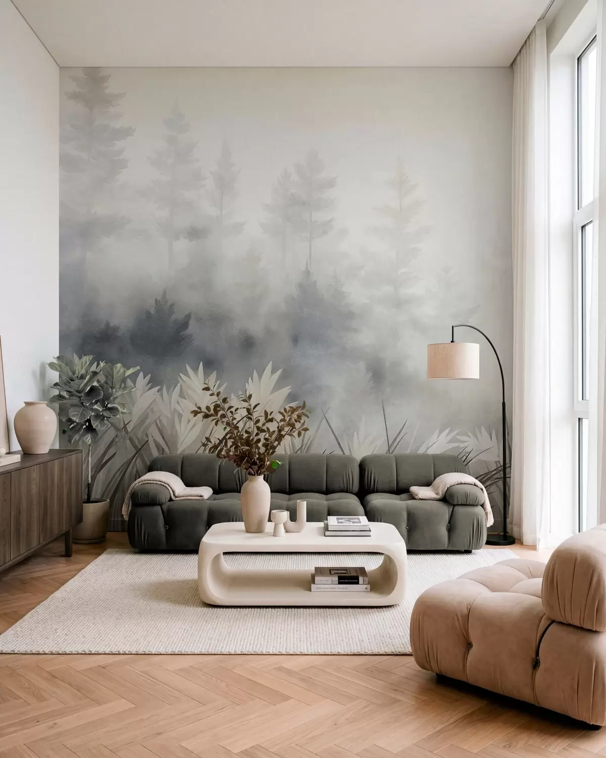 wall murals Landscape with tall wild grass and pine tree forest, minimalistic textured style w10082