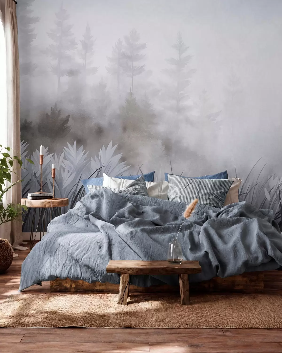 peintures murales Paysage composé de hautes herbes sauvages et d'une forêt de pins, dans un style minimaliste et texturé w10082v1