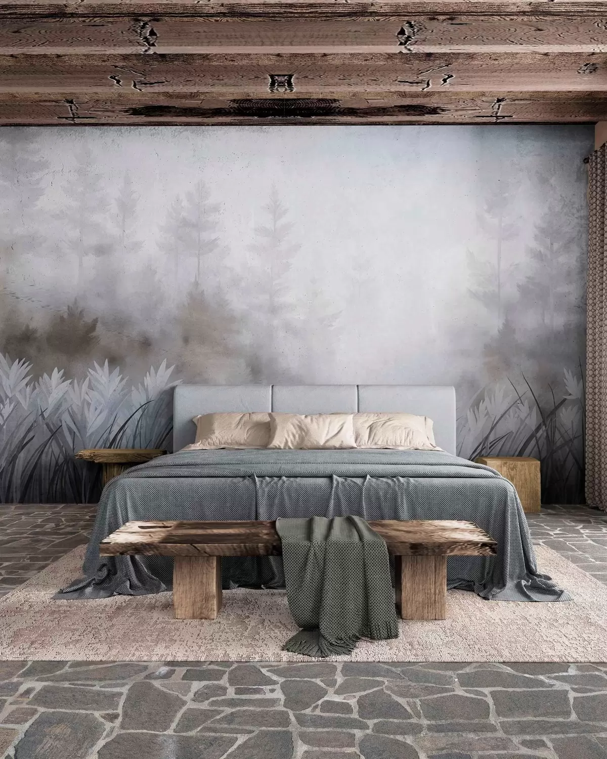 peintures murales Paysage composé de hautes herbes sauvages et d'une forêt de pins, dans un style minimaliste et texturé w10082v1