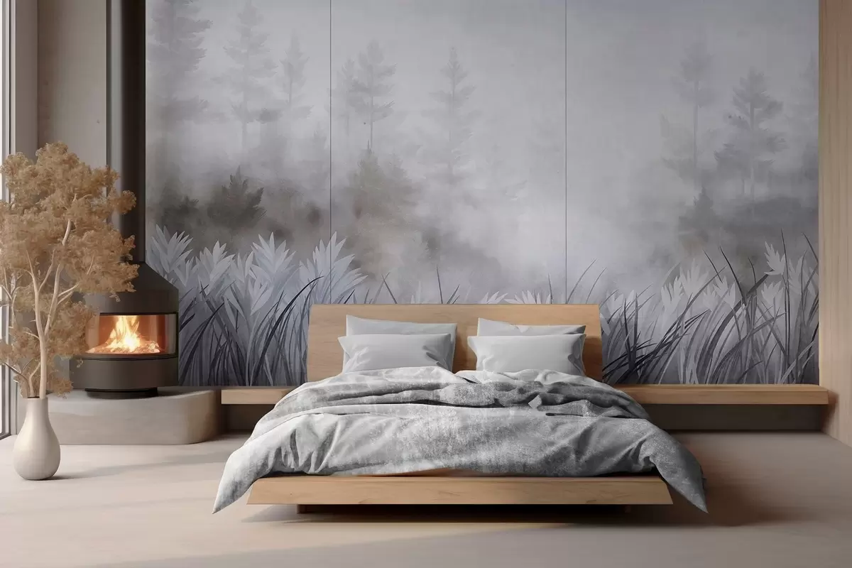 peintures murales Paysage composé de hautes herbes sauvages et d'une forêt de pins, dans un style minimaliste et texturé w10082v1
