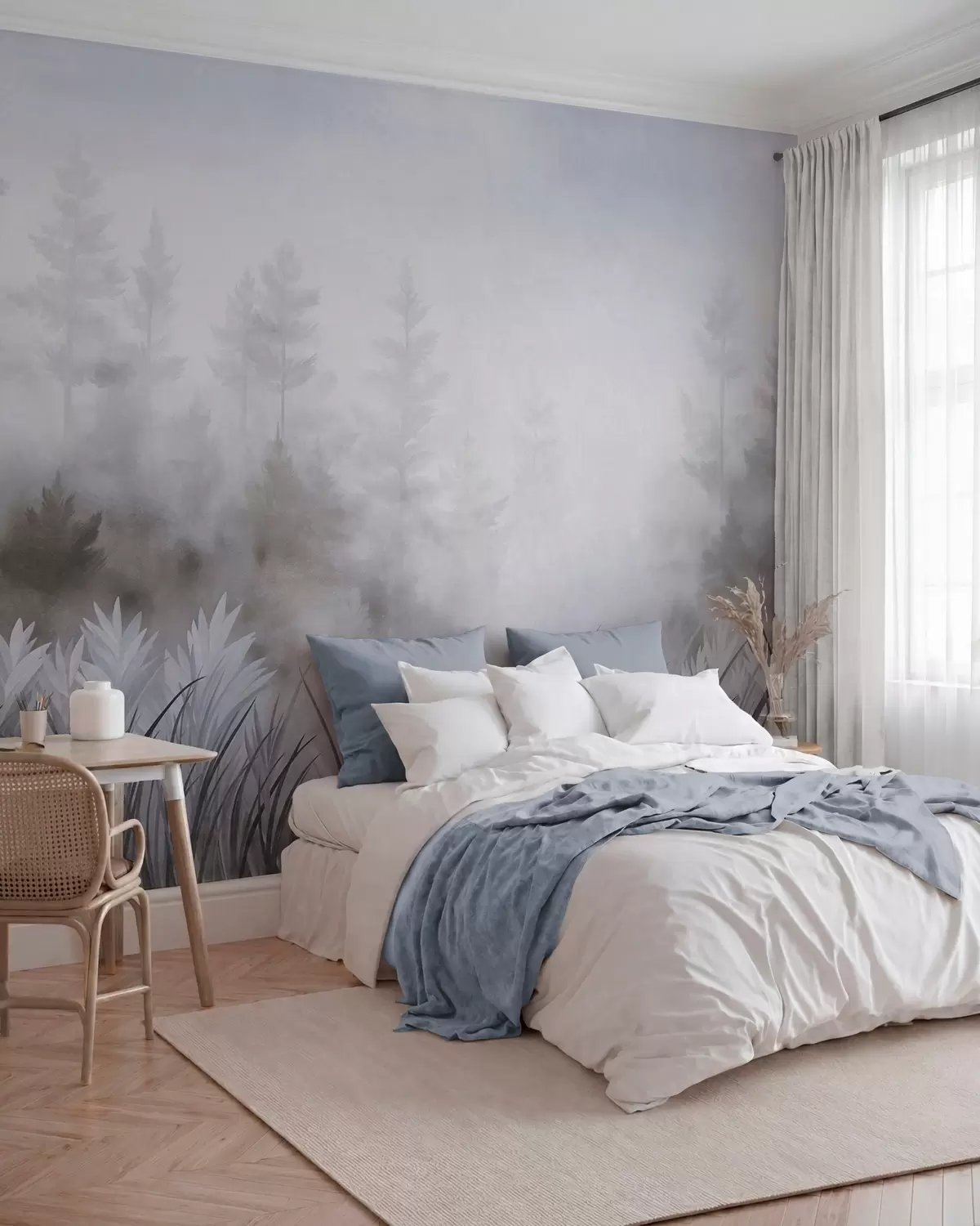 peintures murales Paysage composé de hautes herbes sauvages et d'une forêt de pins, dans un style minimaliste et texturé w10082v1