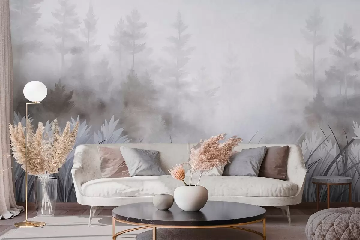 peintures murales Paysage composé de hautes herbes sauvages et d'une forêt de pins, dans un style minimaliste et texturé w10082v1