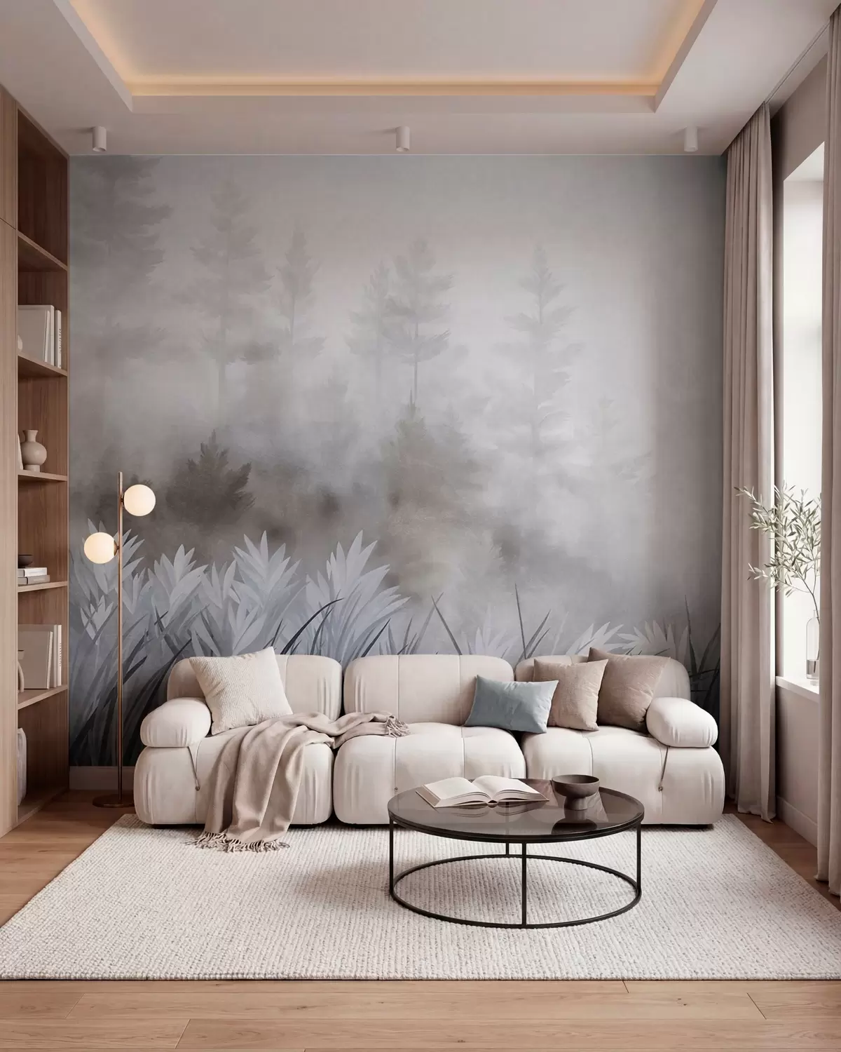 peintures murales Paysage composé de hautes herbes sauvages et d'une forêt de pins, dans un style minimaliste et texturé w10082v1