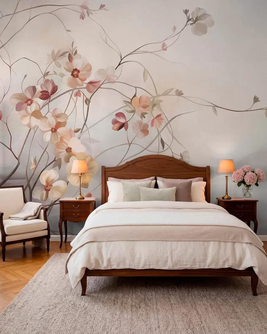 Wall Mural Photo Wallpaper Winding vines with delicate peach and cream-colored blooming flowers w10083