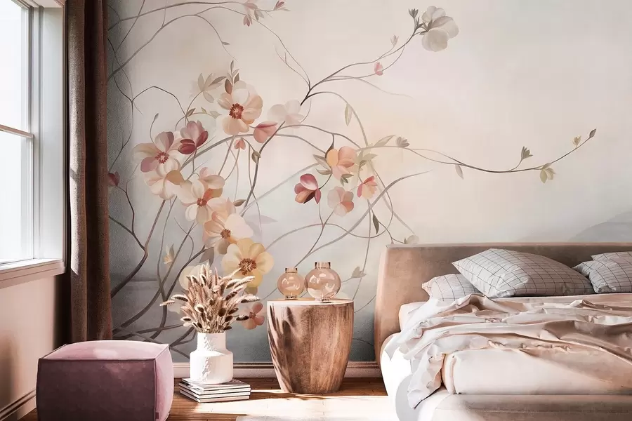 Wall Mural Photo Wallpaper Winding vines with delicate peach and cream-colored blooming flowers w10083