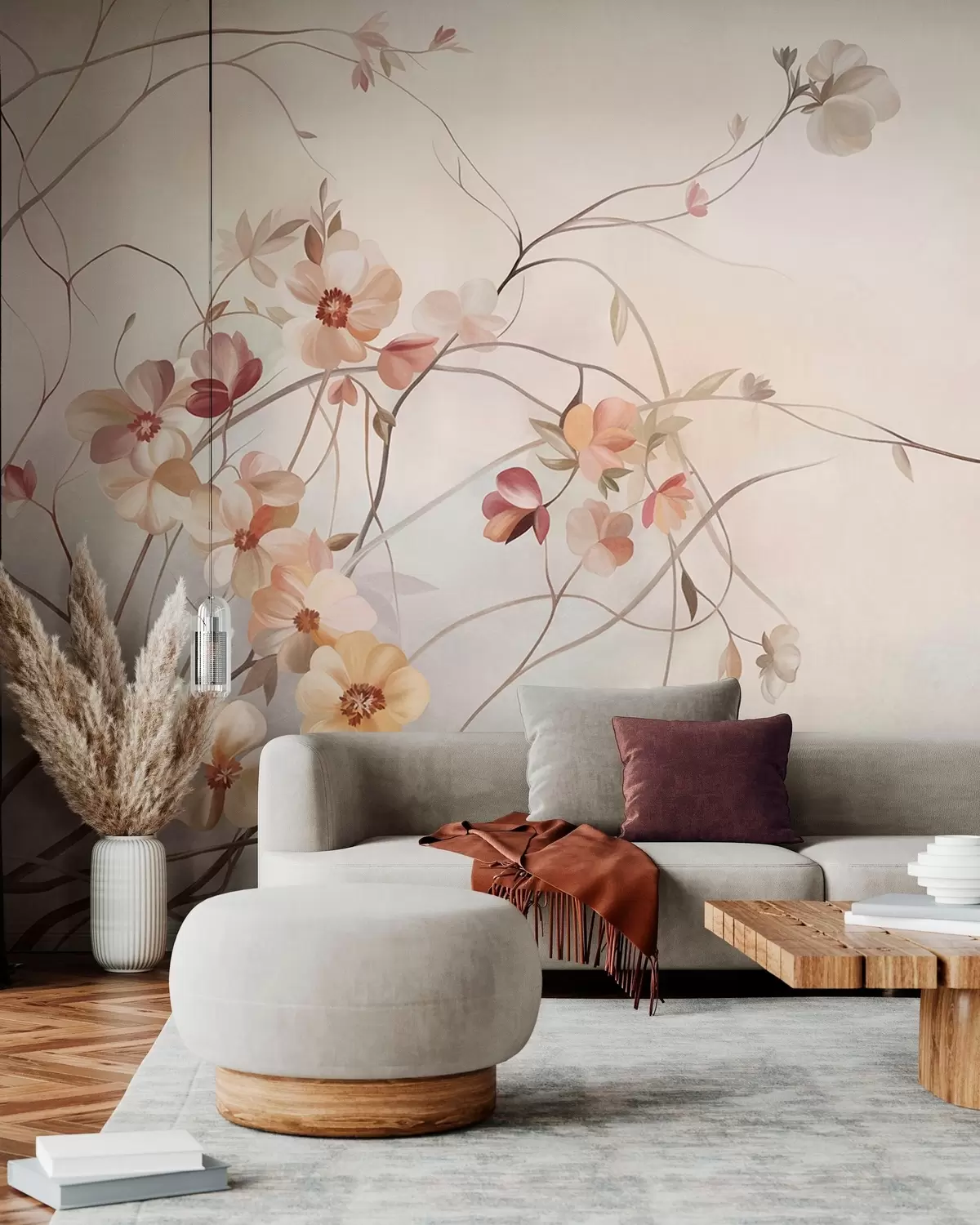 murales Enredaderas con delicadas flores de color melocotón y crema w10083