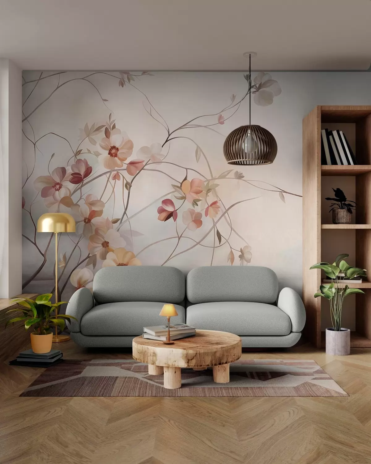 murales Enredaderas con delicadas flores de color melocotón y crema w10083