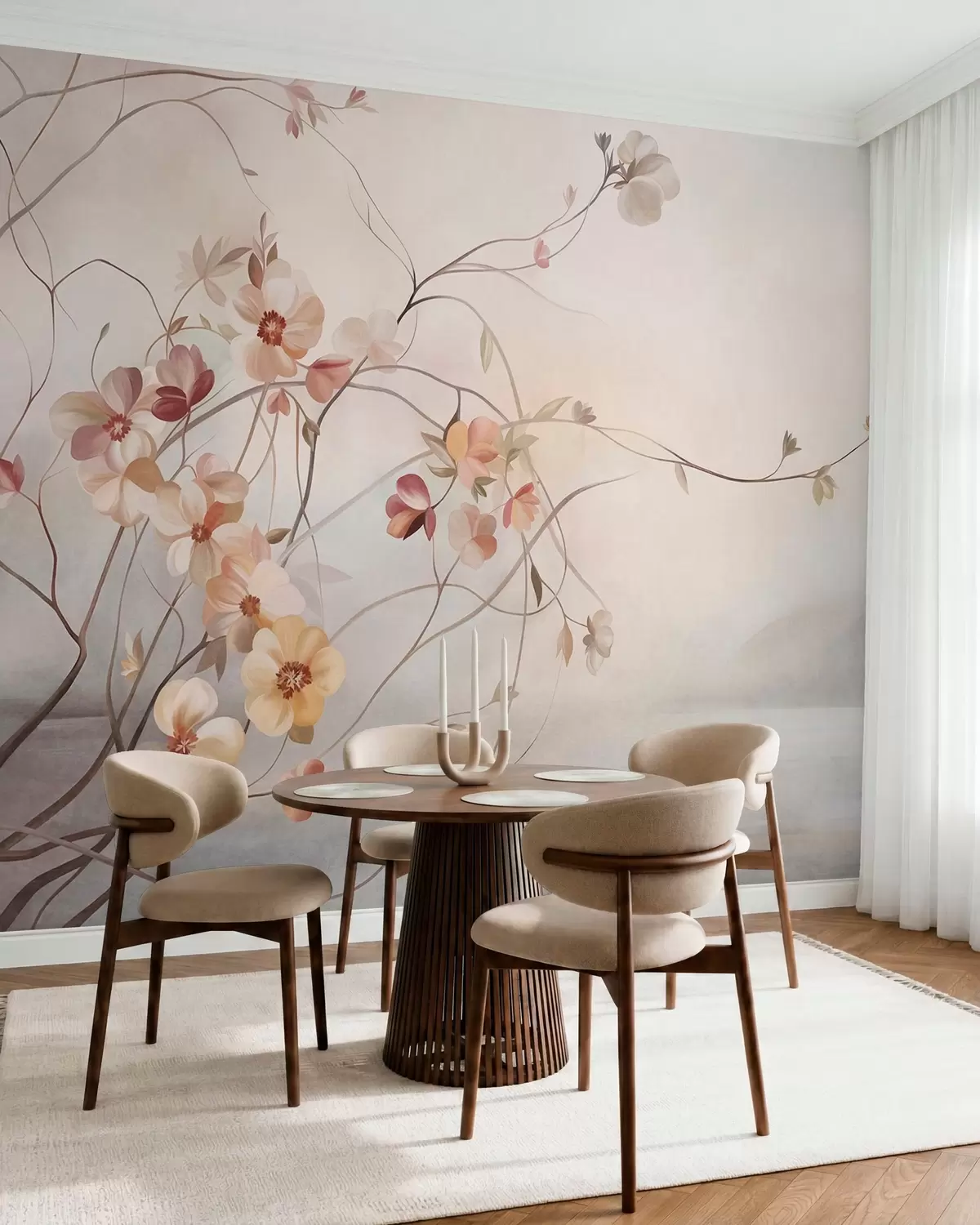 murales Enredaderas con delicadas flores de color melocotón y crema w10083