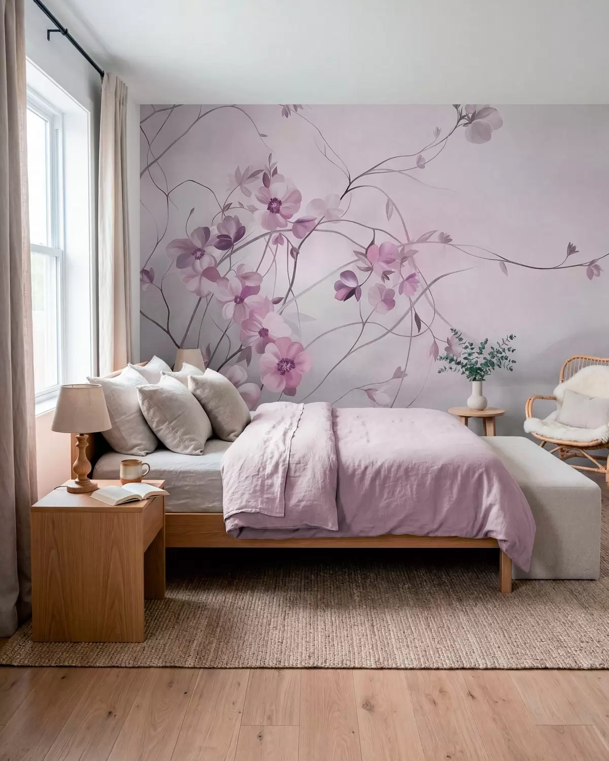 murales Enredaderas sinuosas con delicadas flores de color rosa apagado w10083v1
