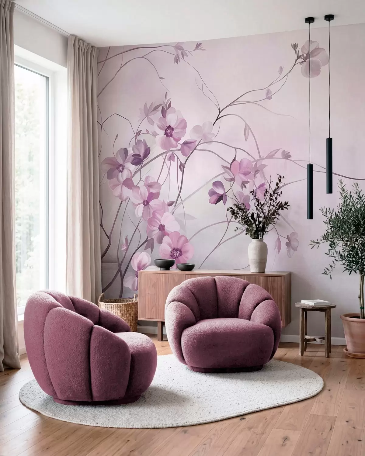 murales Enredaderas sinuosas con delicadas flores de color rosa apagado w10083v1