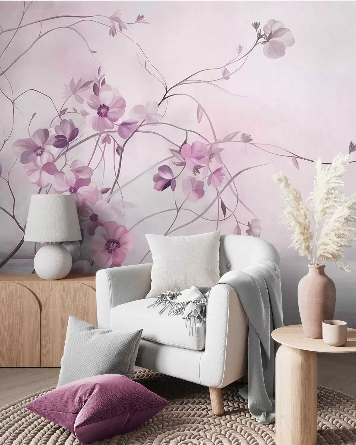 murales Enredaderas sinuosas con delicadas flores de color rosa apagado w10083v1