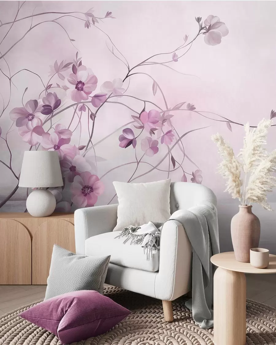 murales Enredaderas sinuosas con delicadas flores de color rosa apagado w10083v1
