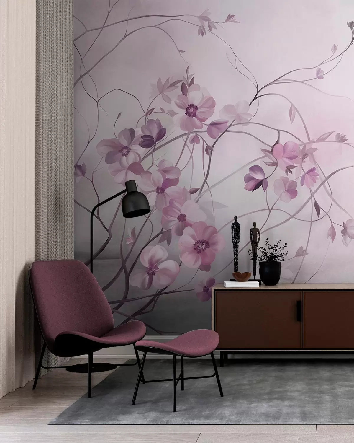 murales Enredaderas sinuosas con delicadas flores de color rosa apagado w10083v1