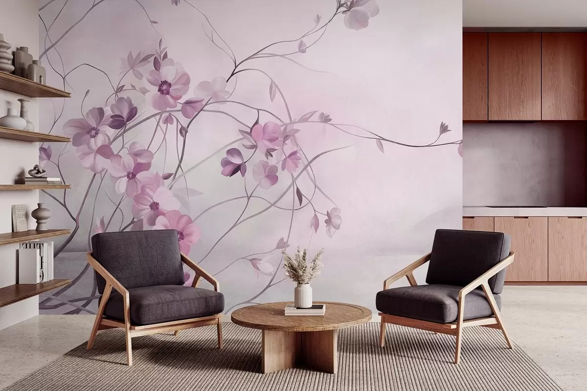 wall murals Winding vines with delicate muted pink blooming flowers w10083v1