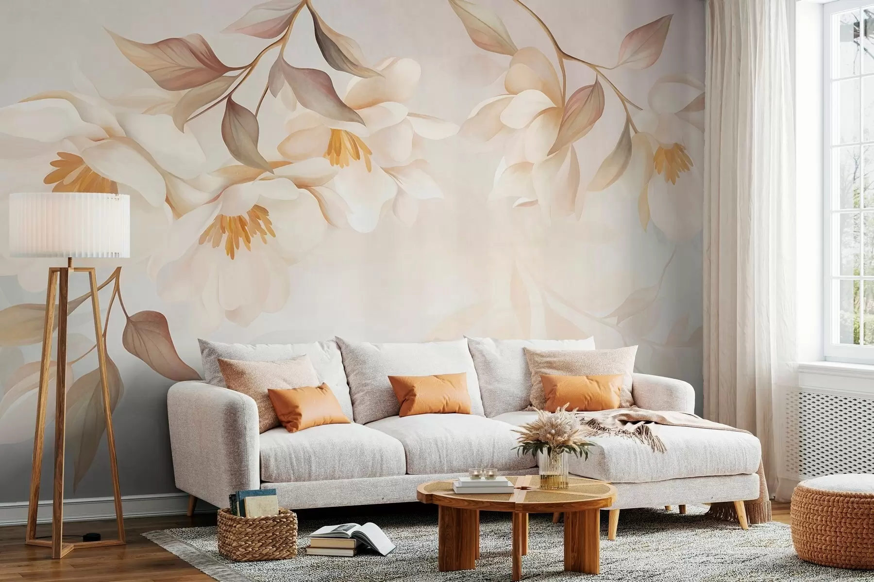 Wall Mural Photo Wallpaper Magnolia blossoms with delicate brown leaves hanging from the branches w10086