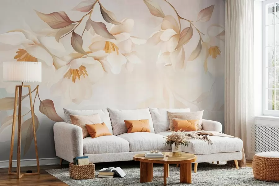 Wall Mural Photo Wallpaper Magnolia blossoms with delicate brown leaves hanging from the branches w10086