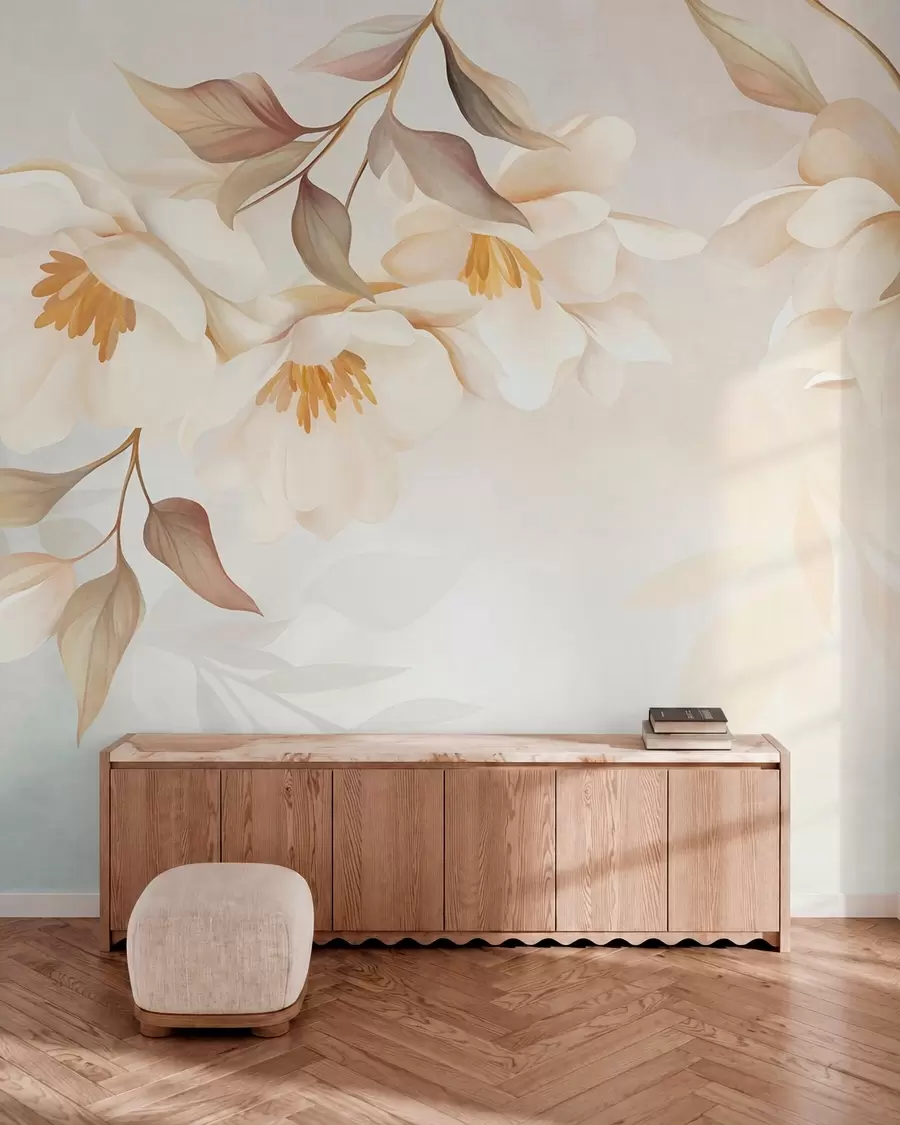 Wall Mural Photo Wallpaper Magnolia blossoms with delicate brown leaves hanging from the branches w10086