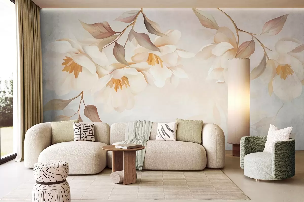 wall murals Magnolia blossoms with delicate brown leaves hanging from the branches w10086