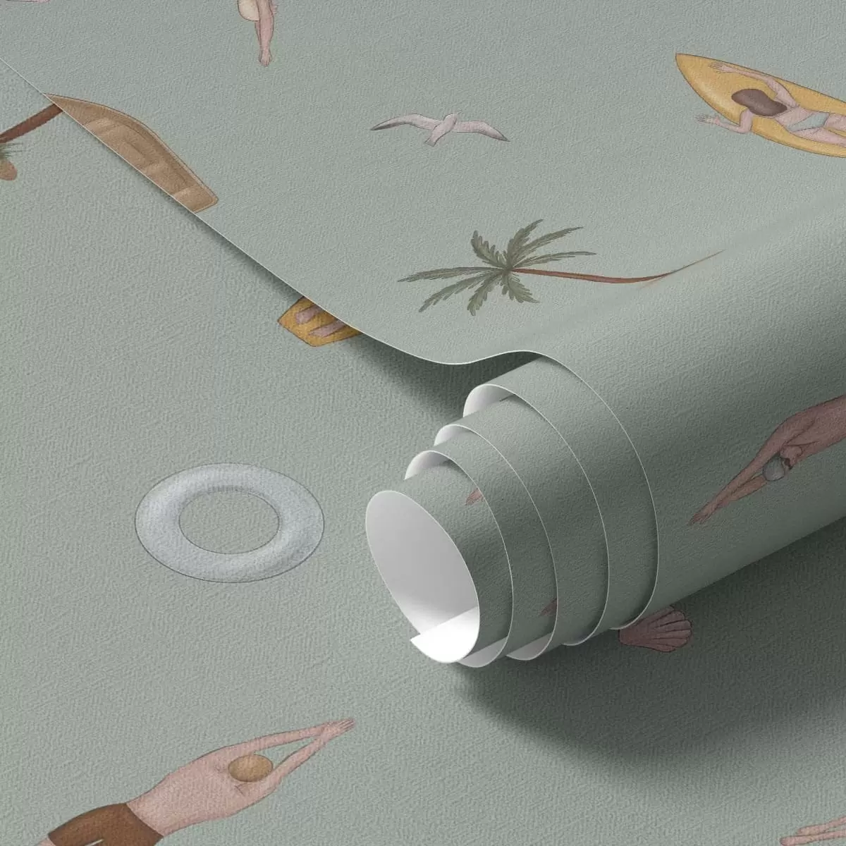 Papel pintado Nadadores, delfines y accesorios de playa sobre un fondo verde a01275v2