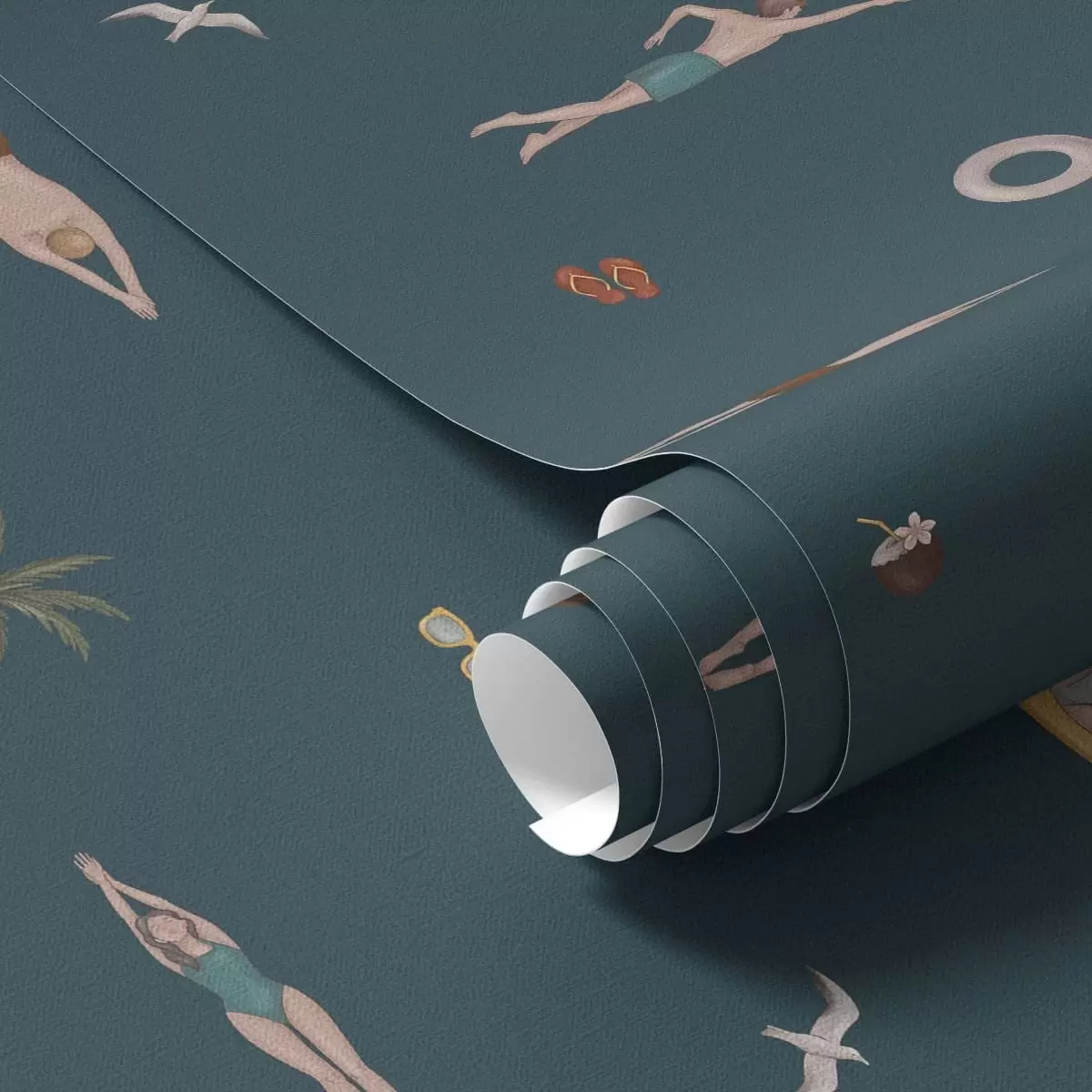 Wallpaper Swimmers, palm trees and beach accessories on a dark blue background a01276